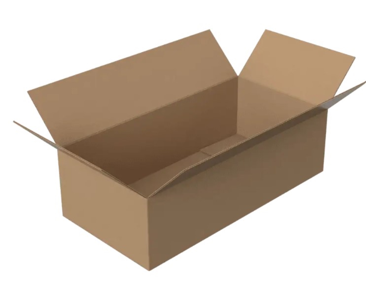 A Strong flat box made of twin cardboard, designed with double strength for durability. It is rectangular and has a smooth internal surface. It is ready for storage or shipping purposes.