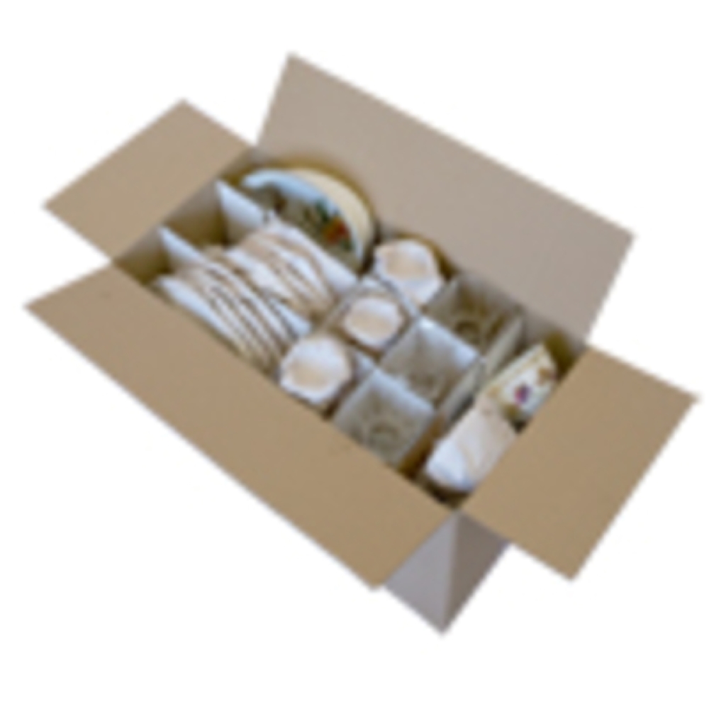 Kitchen Moving Box with dividers designed to transport delicate items safely. The box has a sturdy construction and is divided into multiple compartments to keep fragile items separate and secure during the move. The dividers are adjustable and can be customised to accommodate various sizes of kitchenware.